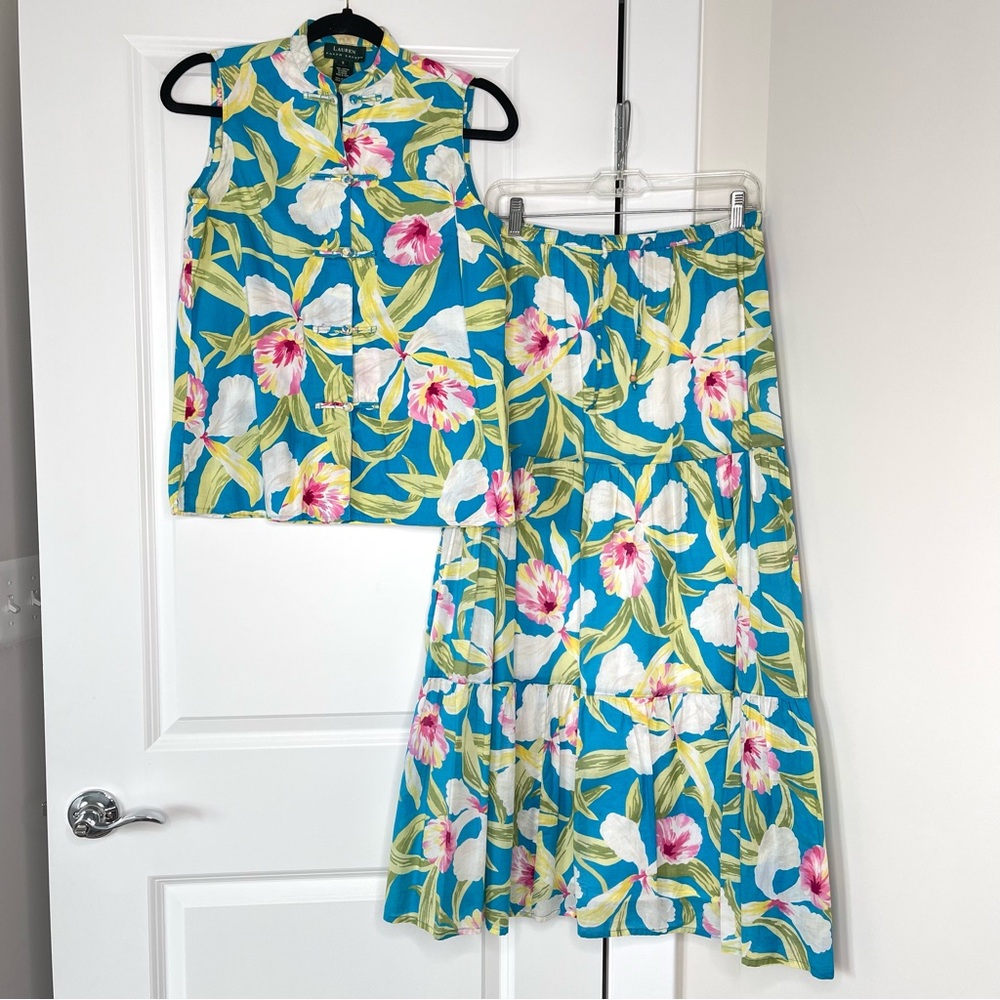 Vintage Lauren Ralph Lauren Floral Iris Flower Tropical Print Vacation Coord Set